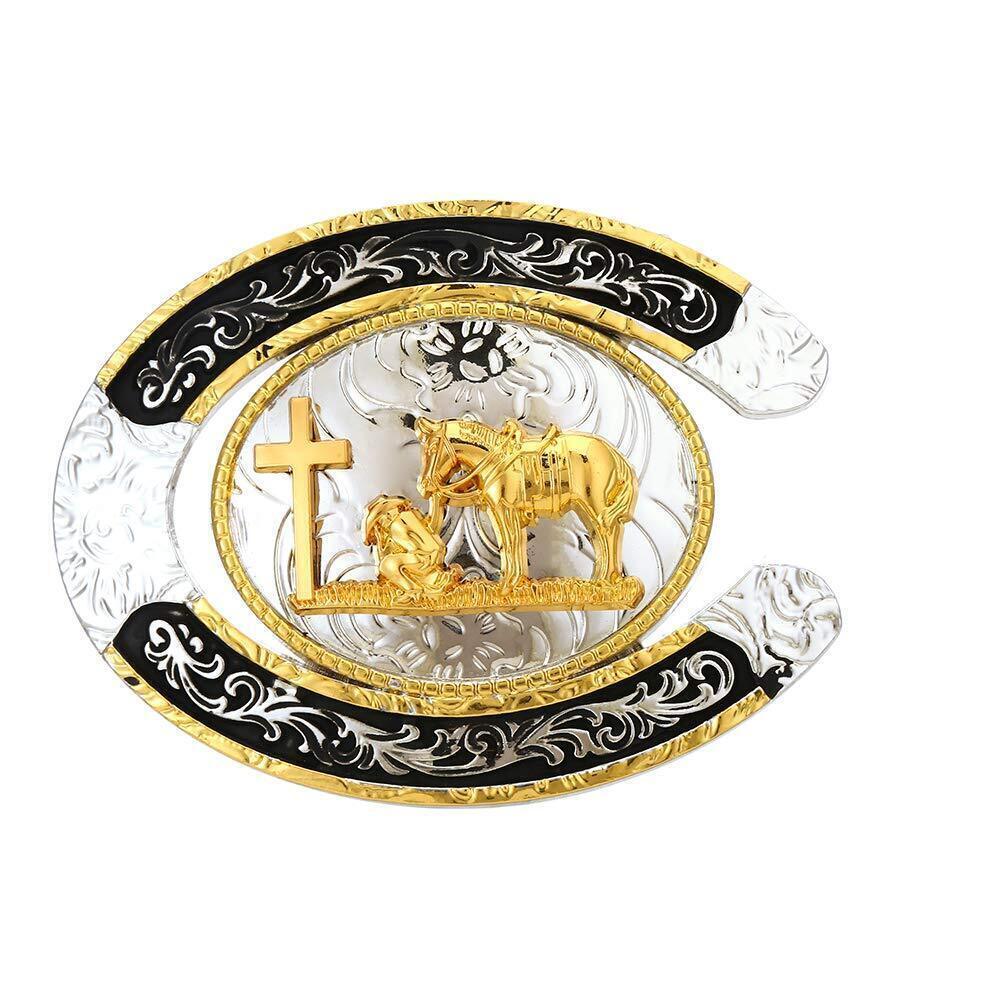 2212 Belt Buckle, Western Rodeo Texas Cowboy Large Horse Prayer Gold Cross